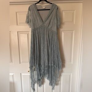 Arula Mist Blue Embroidered V-Neck Dress
